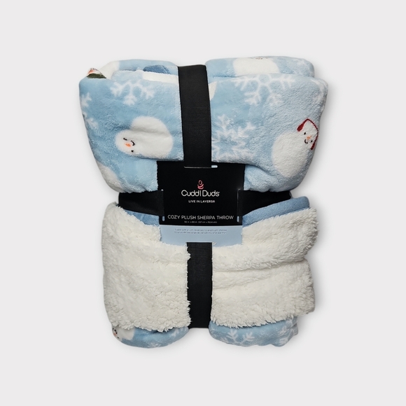 Cuddl Duds Snowman Blue Rib Plush to Sherpa Throw Blanket - Picture 2 of 2